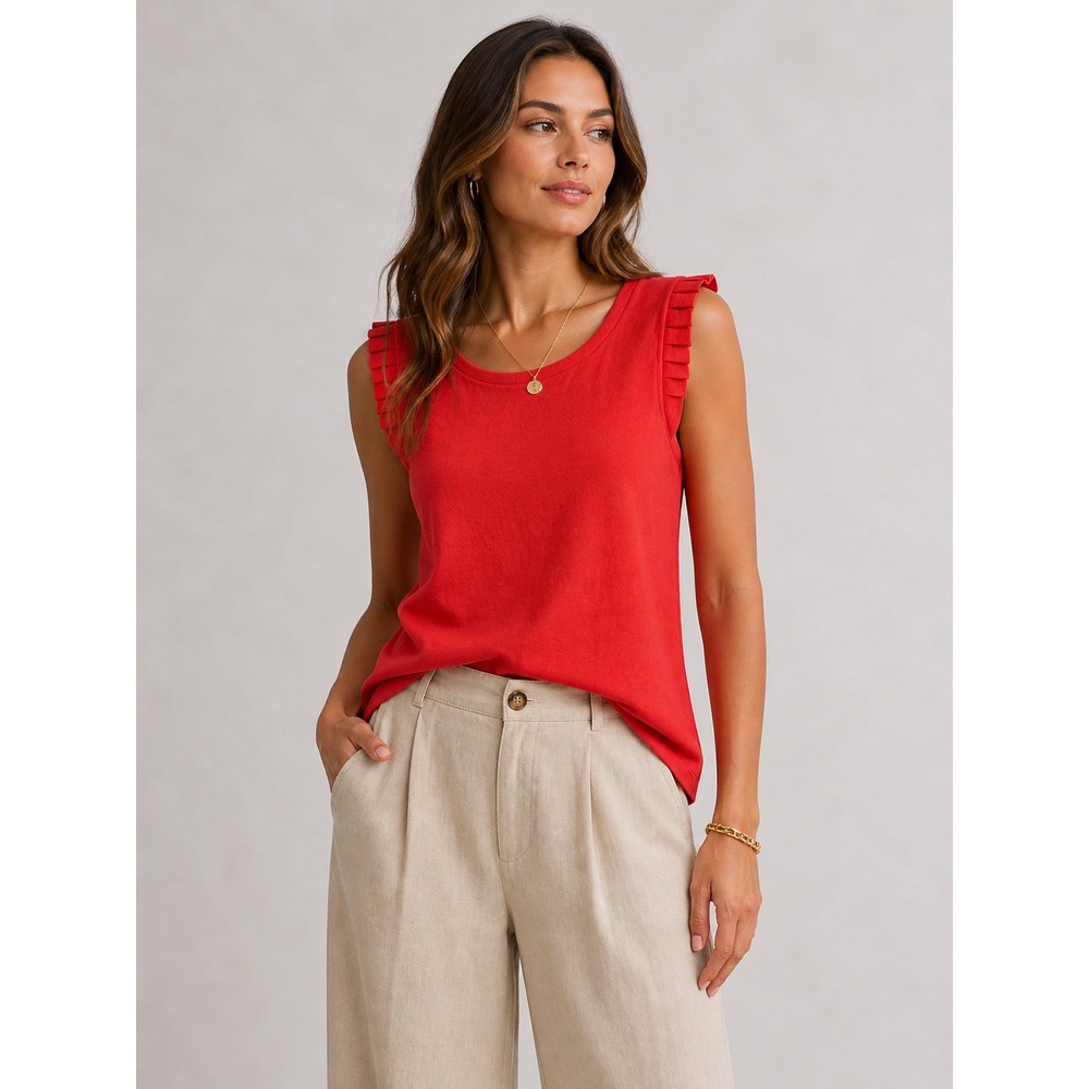 LOFT Womens Red Sleeveless Pleated Ruffle Shoulder Knit Top Size S